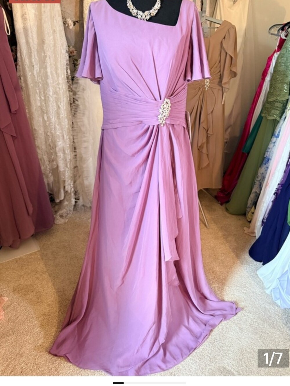 Gorgeous figure flattering Lavender Gown, Draped Waist , Pockets and Hip Jewel